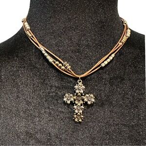 C1946 Necklace Floral Cross Triple Strand Necklace Brown Silver Tone Gold Tone